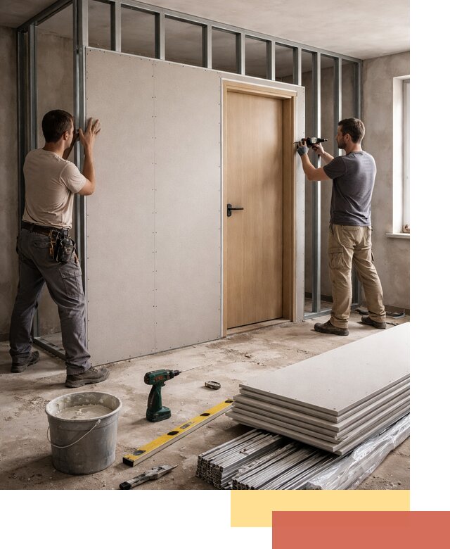 Перегородка из гипсокартона с дверью под ключ в Вологде