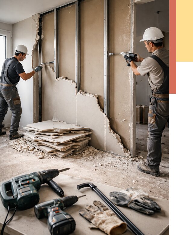 Демонтаж перегородки из гипсокартона в Вологде от 1233 руб. быстро и недорого | ОТДЕЛОЧНИК-Вгд