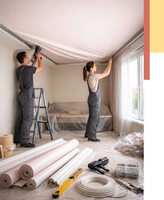 Монтаж цветного натяжного потолка в Вологде от 4314 руб/м² — быстро и недорого | ОТДЕЛОЧНИК-Вгд