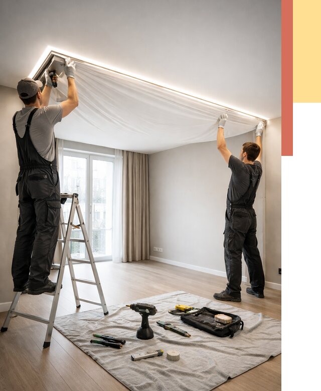 Монтаж парящего натяжного потолка в Вологде от 4622 руб. быстро и недорого | ОТДЕЛОЧНИК-Вгд