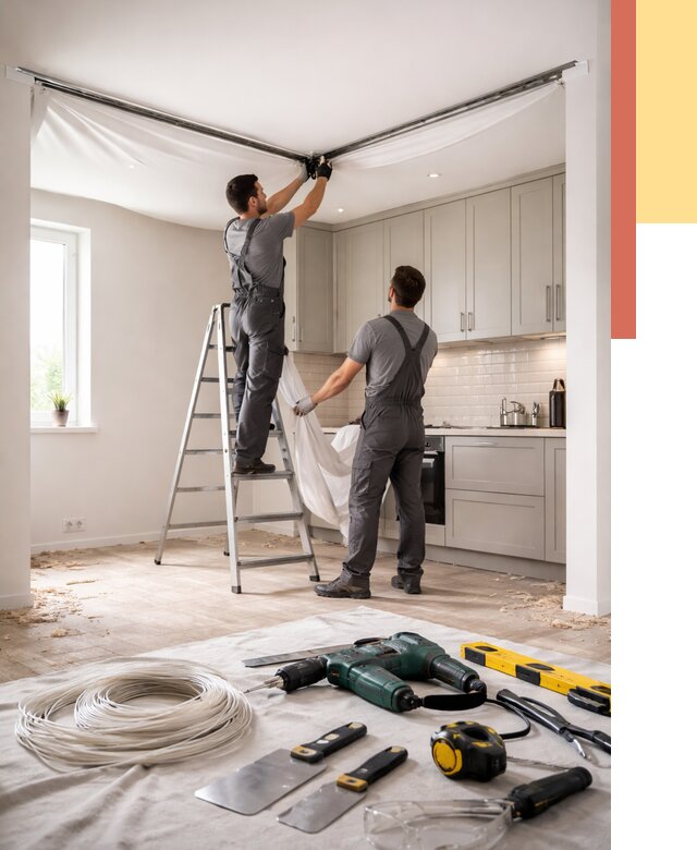 Установка натяжного потолка на кухне в Вологде от 2465 руб. | ОТДЕЛОЧНИК-Вгд