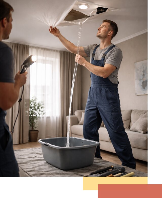 Слив воды с натяжного потолка в Вологде быстро и аккуратно