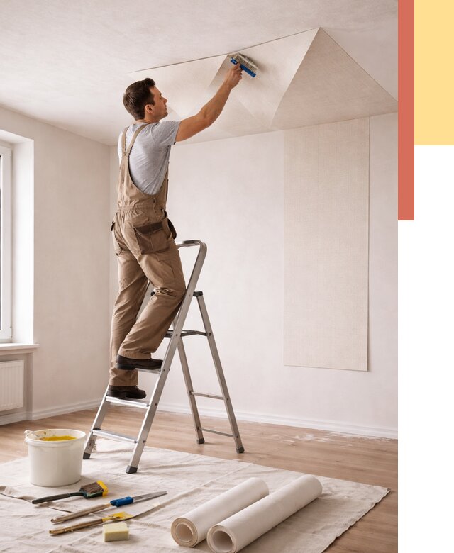 Поклейка обоев на потолок в Вологде от 4622 руб. быстро и недорого | ОТДЕЛОЧНИК-Вгд